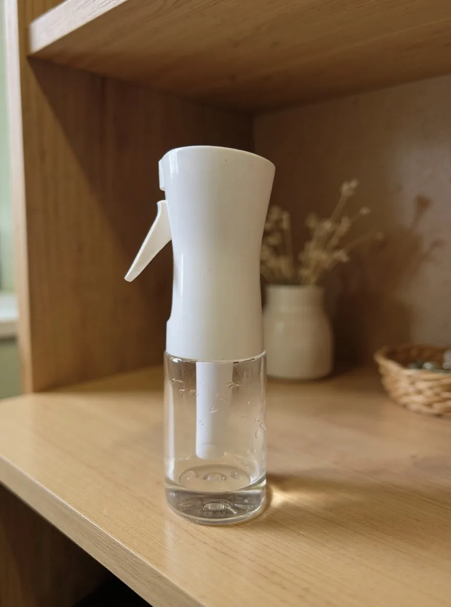 The glass spray bottle photographed in the Cozy Shelf scene